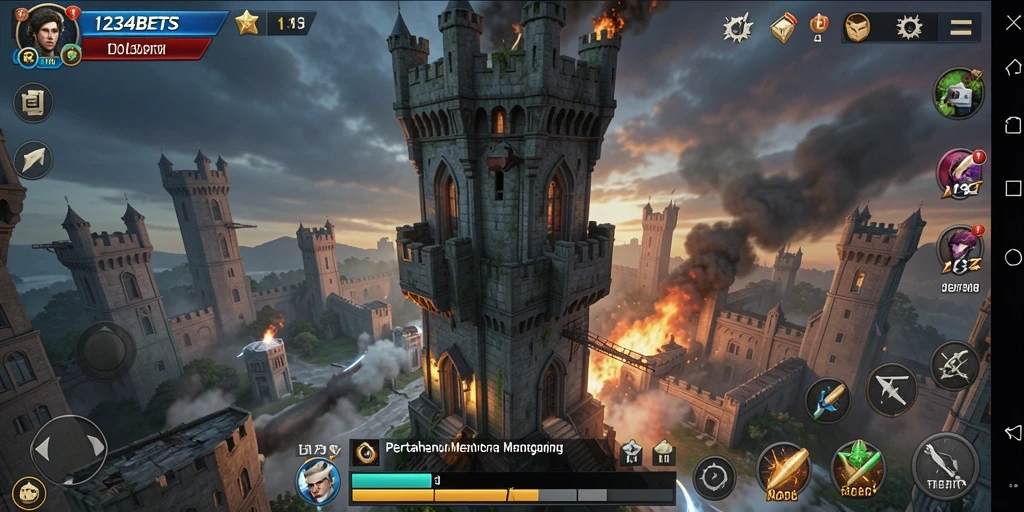 Screenshot gameplay 1234BETS dengan menara yang kuat melawan gelombang musuh.