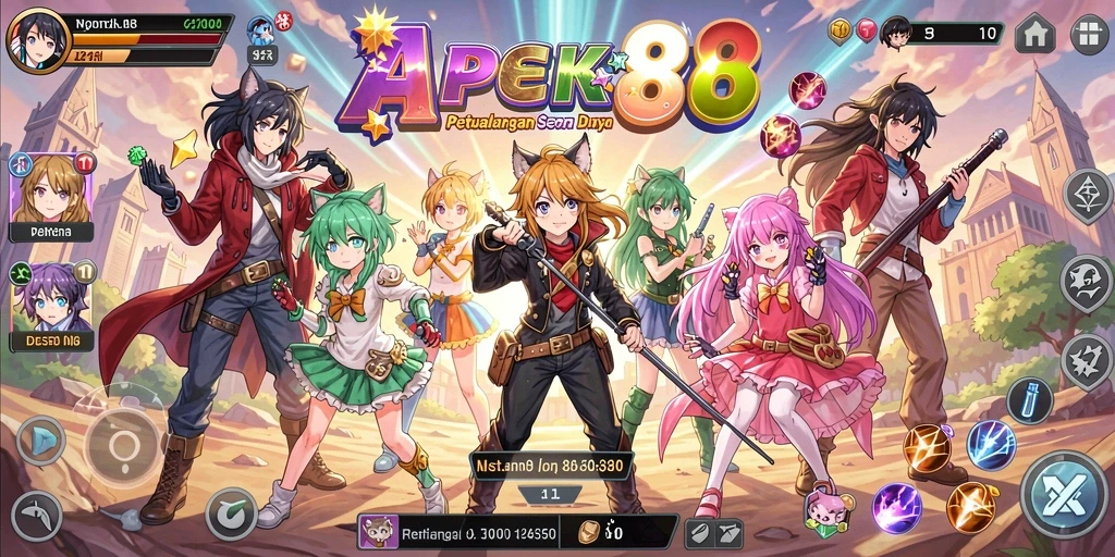 Tangkapan layar utama APEK88 menampilkan karakter anime dalam aksi seru.