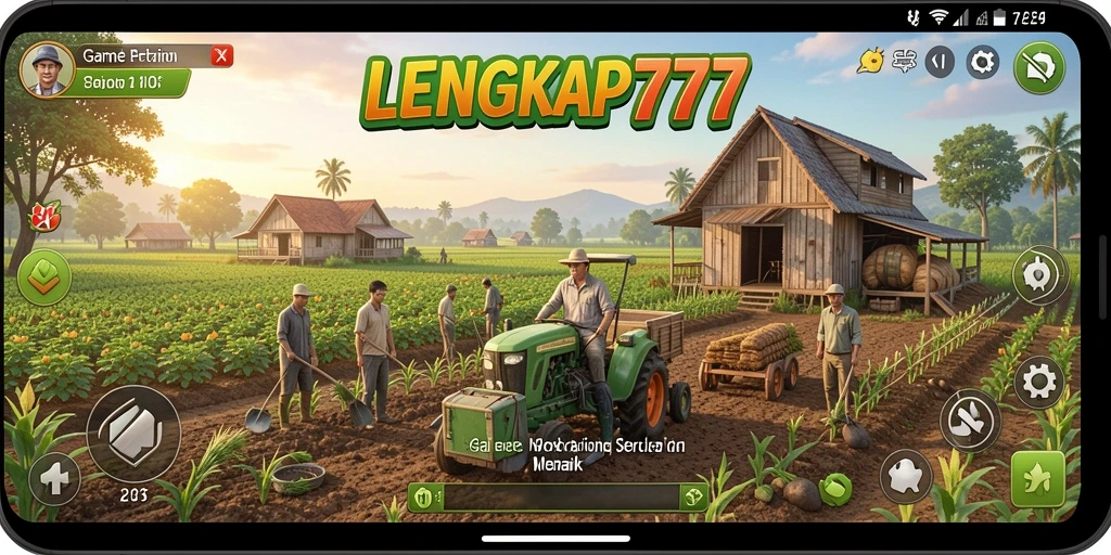 Screenshot gameplay LENGKAP777 menampilkan ladang yang subur dan beragam tanaman.