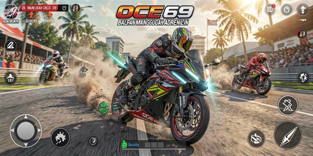 Screenshot gameplay OCE69 menunjukkan balapan seru di trek berliku.