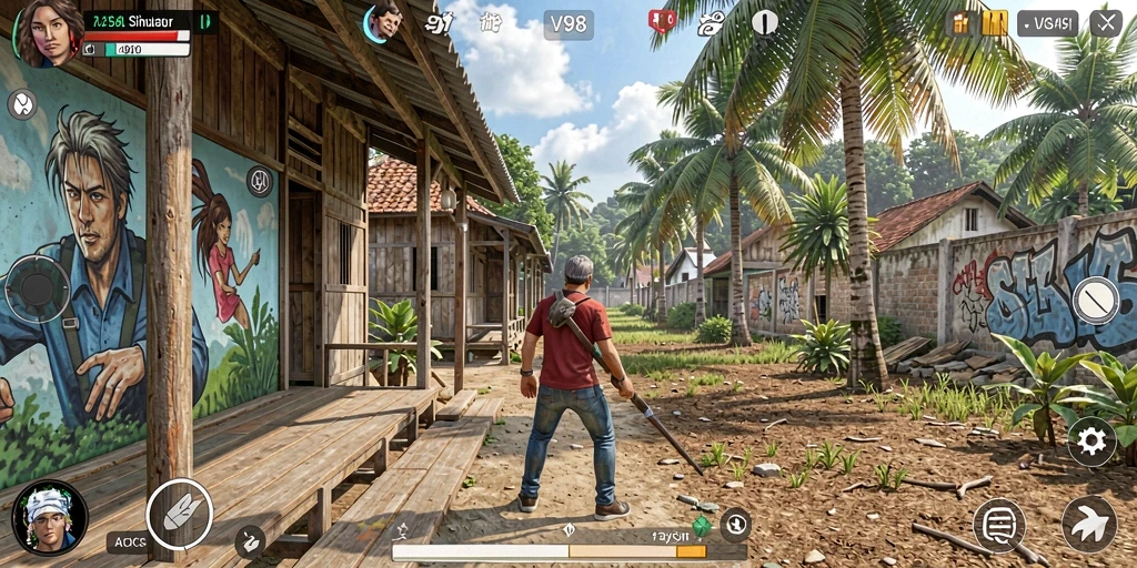 Tangkapan layar V98 menunjukkan gameplay simulasi yang mendalam dan interaktif.