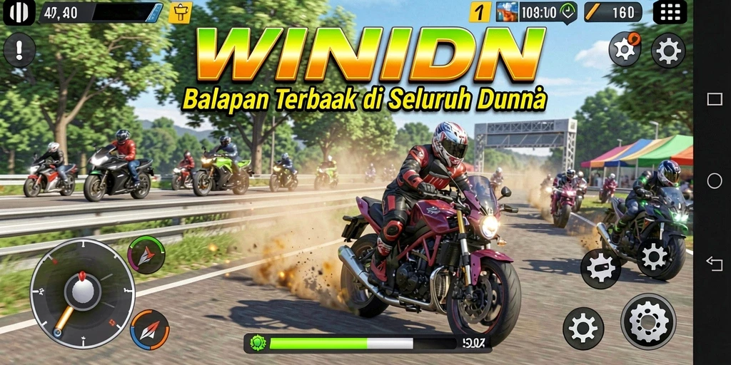 Screenshot gameplay WINIDN menampilkan aksi balapan motor yang mendebarkan.